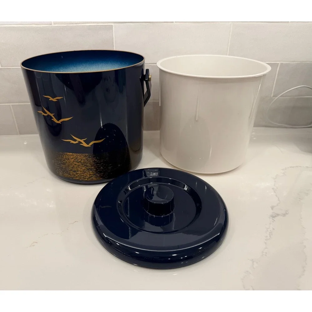 Vintage Otagiri Japan Seagull Ice Bucket Black Gold Lacquer Mid Century Barware‎